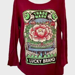 Lucky Brand Lotus Flower Long Sleeve Burgundy T-Shirt Sz Medium